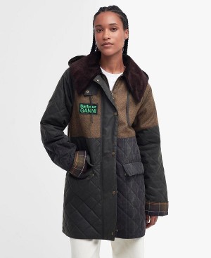 Barbour Barbour X Ganni Short Burghley Quilted Wax Jacket Olivengrøn Brune Olivengrøn | BABO89183