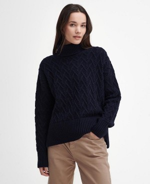 Barbour Clarence Cable-knit Roll-neck Jumper Mørkeblå | BABO89721