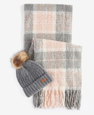 Barbour Saltburn Beanie & Tartan Scarf Gift Set Grå Lyserød | BABO90023