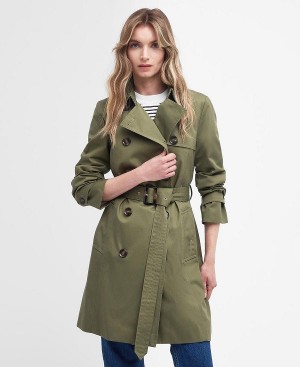 Barbour Short Greta Showerproof Trench Coat Olivengrøn | BABO89406