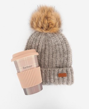 Barbour Travel Mug And Beanie Set Lyserød Grå | BABO90052