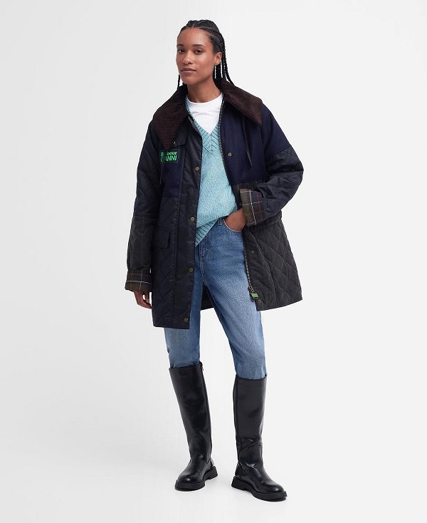 Barbour Barbour X Ganni Short Burghley Quilted Wax Jacket Mørkeblå | BABO89184