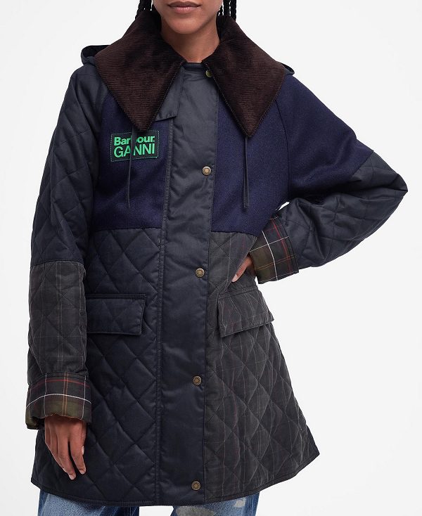 Barbour Barbour X Ganni Short Burghley Quilted Wax Jacket Mørkeblå | BABO89184