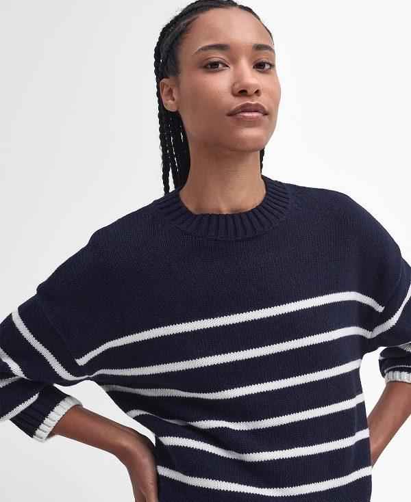 Barbour Belmore Striped Crew Neck Jumper Mørkeblå | BABO89708