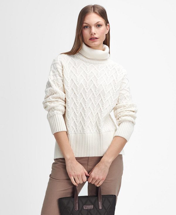 Barbour Clarence Cable-knit Roll-neck Jumper Hvide | BABO89759