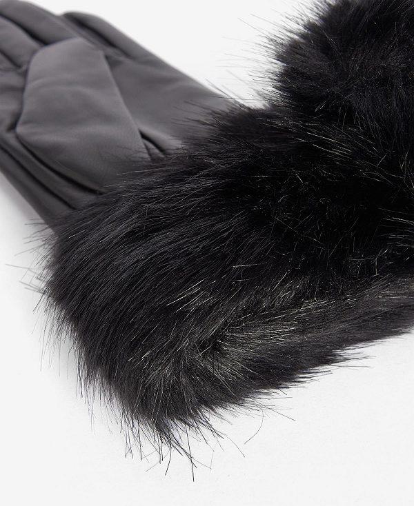 Barbour Faux Fur Trimmed Leather Gloves Sort | BABO90060