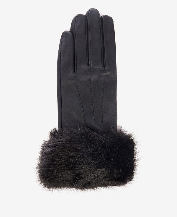 Barbour Faux Fur Trimmed Leather Gloves Sort | BABO90060