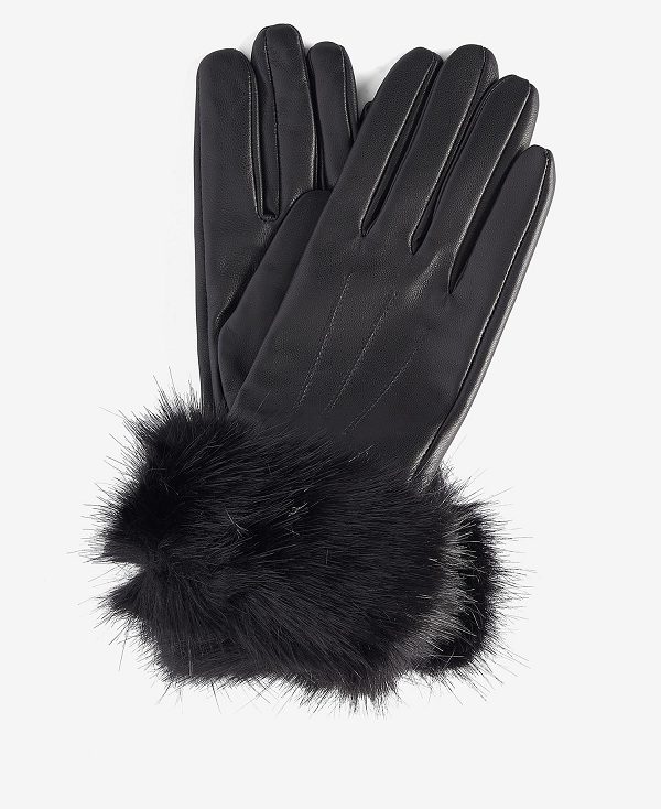 Barbour Faux Fur Trimmed Leather Gloves Sort | BABO90060