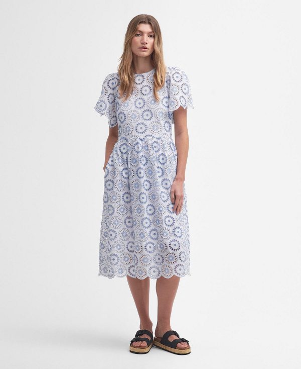 Barbour Juliette Broderie Midi Dress Hvide Blå Hvide | BABO89634