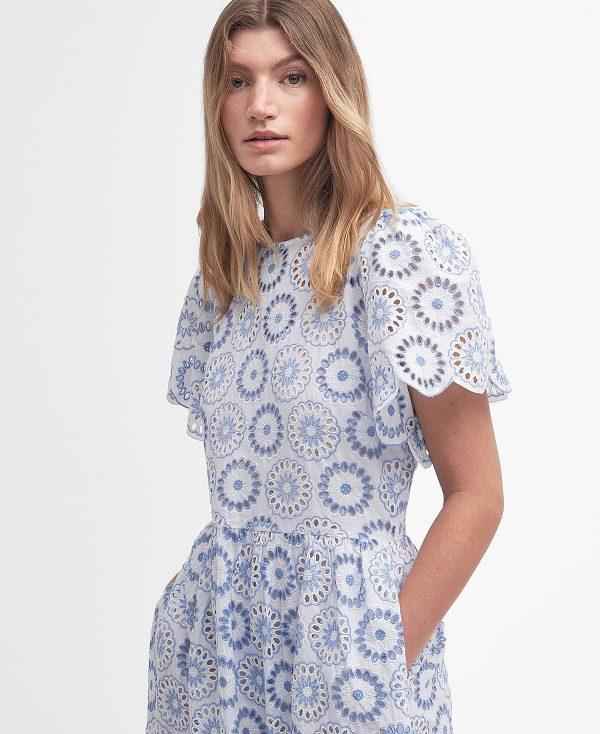 Barbour Juliette Broderie Midi Dress Hvide Blå Hvide | BABO89634