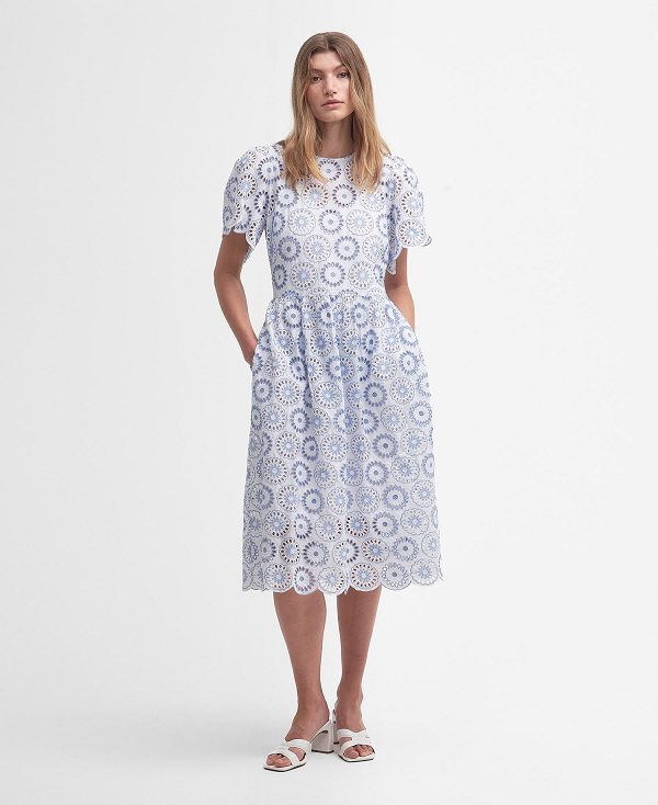 Barbour Juliette Broderie Midi Dress Hvide Blå Hvide | BABO89634