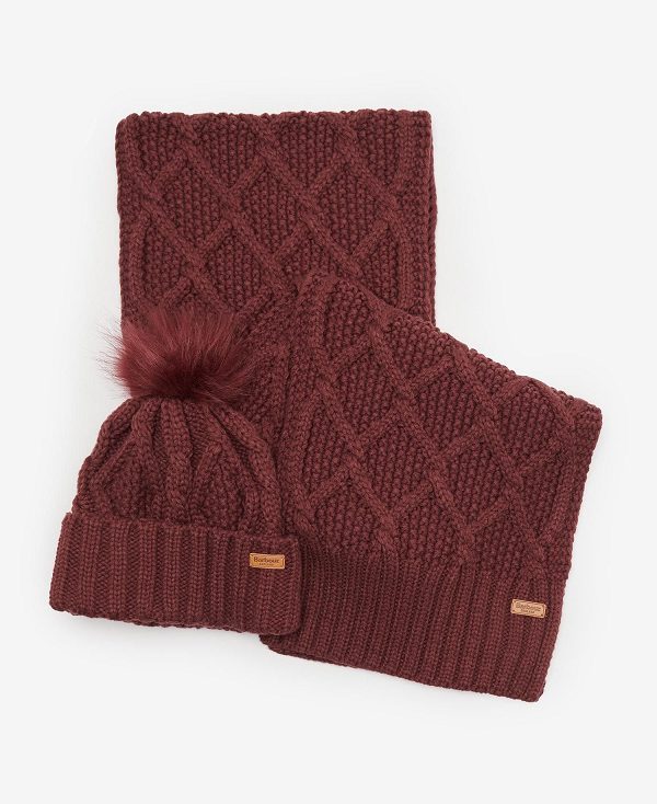 Barbour Ridley Beanie & Scarf Gift Set Mørkerød | BABO90027