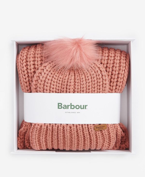 Barbour Saltburn Beanie & Scarf Gift Set Lyserød Rød | BABO90036