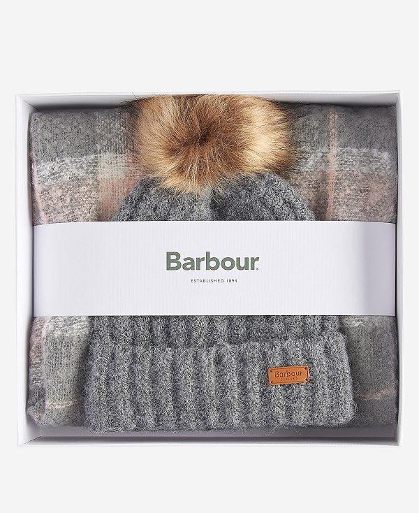 Barbour Saltburn Beanie & Tartan Scarf Gift Set Grå Lyserød | BABO90023