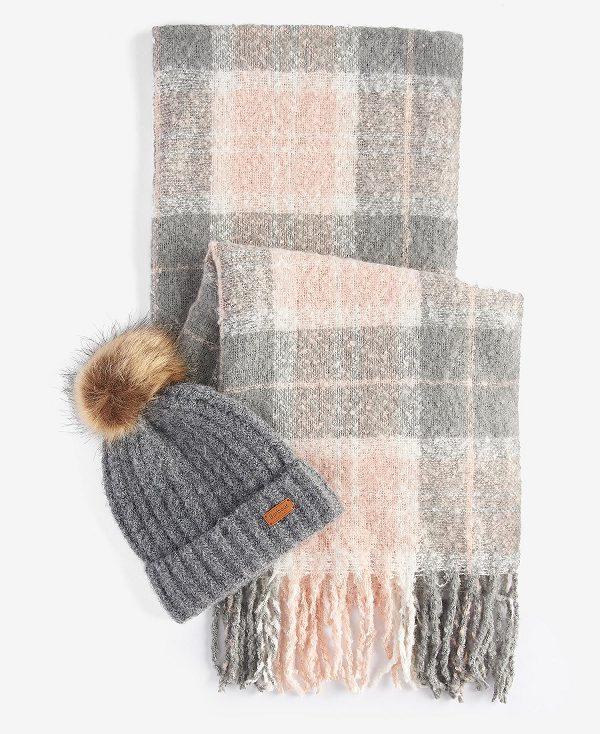 Barbour Saltburn Beanie & Tartan Scarf Gift Set Grå Lyserød | BABO90120