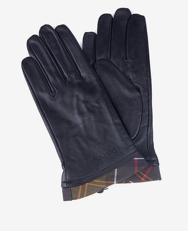 Barbour Tartan Trimmed Leather Gloves Sort | BABO90059